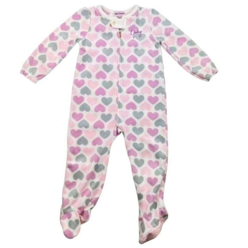 NWT Juicy Couture Girls Fleece Onesie Pink Hearts Footed Sleepers Size 3T Footed